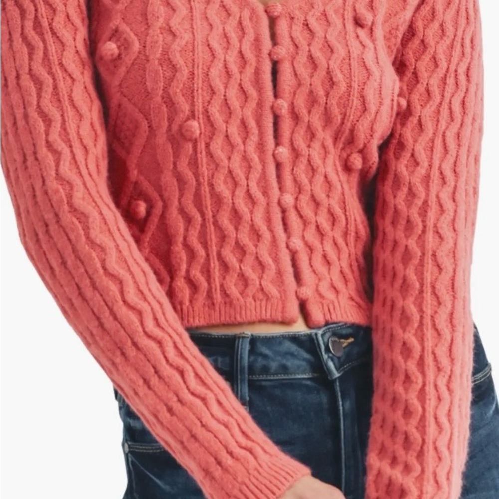Lush Pom Pom Cable Knit Cardigan Sweater Small V-Neck Button Front